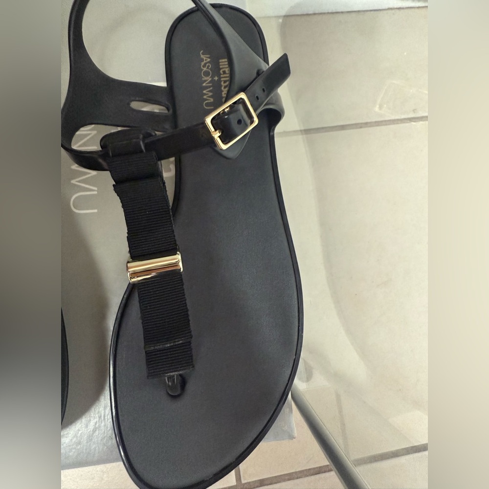 Melissa Black T-Strap Sandal with Gold Buckle